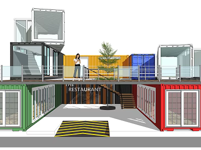 Colorful Container Homestay Building Featuring Open Terrace Staircase And Green Tree 3d model