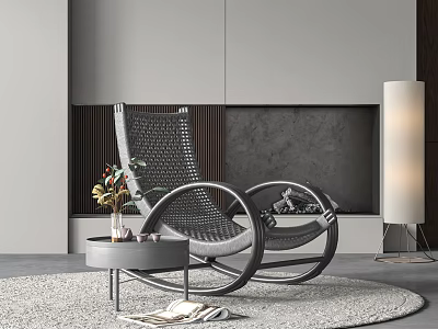 Modern Woven Leisure Chair in Minimalist Space with Gray Rug Side Table and Floor Lamp 3d model