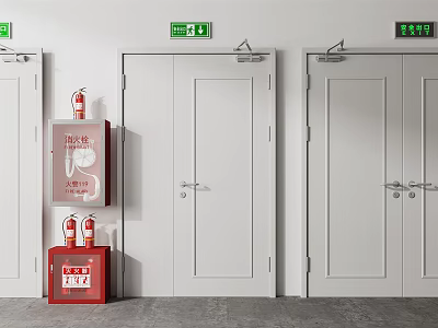 Safety Exit Doors With Fire Extinguisher And Emergency Signs In Building 3d model