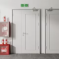 Safety Exit Doors With Fire Extinguisher And Emergency Signs In Building