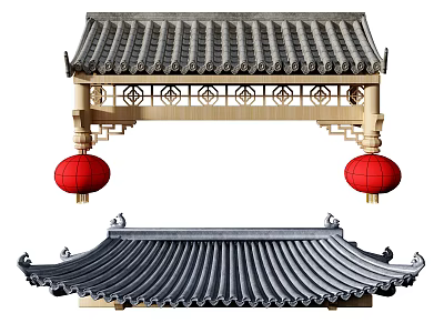 Traditional Chinese Architectural Components With Tile Roof Carved Beam And Red Lanterns 3d model