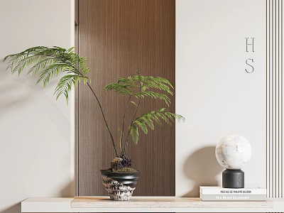 Lush Green Fern Bonsai Plant in Patterned Pot on Shelf with Wooden Panel 3d model