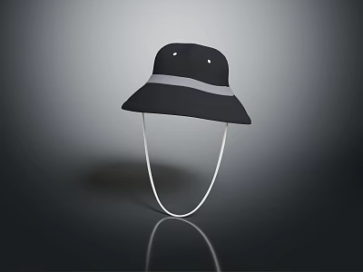 Stylish Black Bucket Hat With Wide Brim Gray Band And White Chin Strap 3d model
