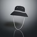 Stylish Black Bucket Hat With Wide Brim Gray Band And White Chin Strap