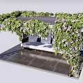 Pergola Covered with Green Vines and Purple Flowers With White Bench on Dark Tiled Floor