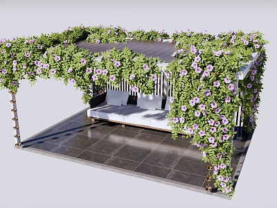 Pergola Covered with Green Vines and Purple Flowers With White Bench on Dark Tiled Floor 3d model
