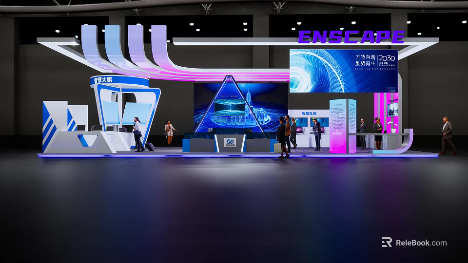 ENSCAPE Exhibition Booth Modern Design With Large Screen Colorful Lighting And Visitors At Tech Event 3d model 