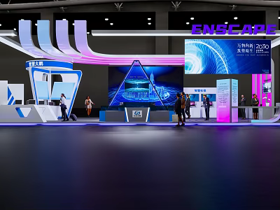 ENSCAPE Exhibition Booth Modern Design With Large Screen Colorful Lighting And Visitors At Tech Event 3d model