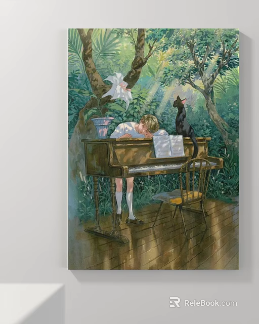 Landscape Painting Featuring Boy Leaning on Piano with Black Cat Music Sheet and Sunlit Forest 3d model 