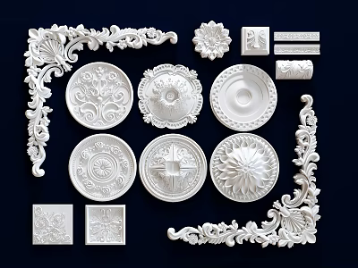 White Carved Decorative Elements Including Corner Circular Square And Strip Designs 3d model