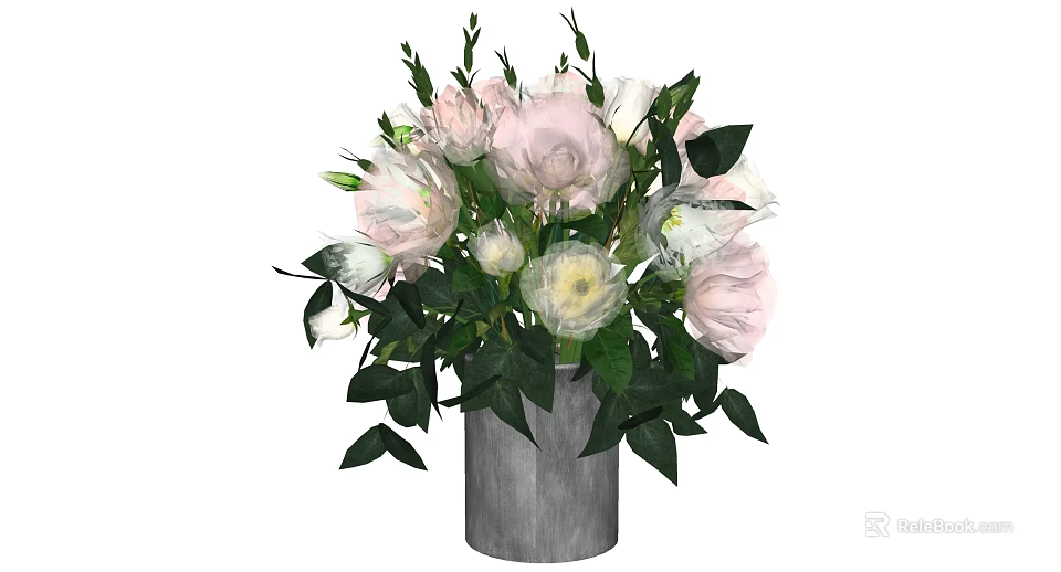 Elegant Gray Vase With Pink And White Flowers And Green Leaves 3d model 