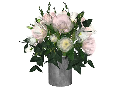Elegant Gray Vase With Pink And White Flowers And Green Leaves 3d model