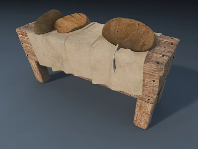 Wooden Bread Box With Linen Cloth And Three Fresh Baked Breads 3d model