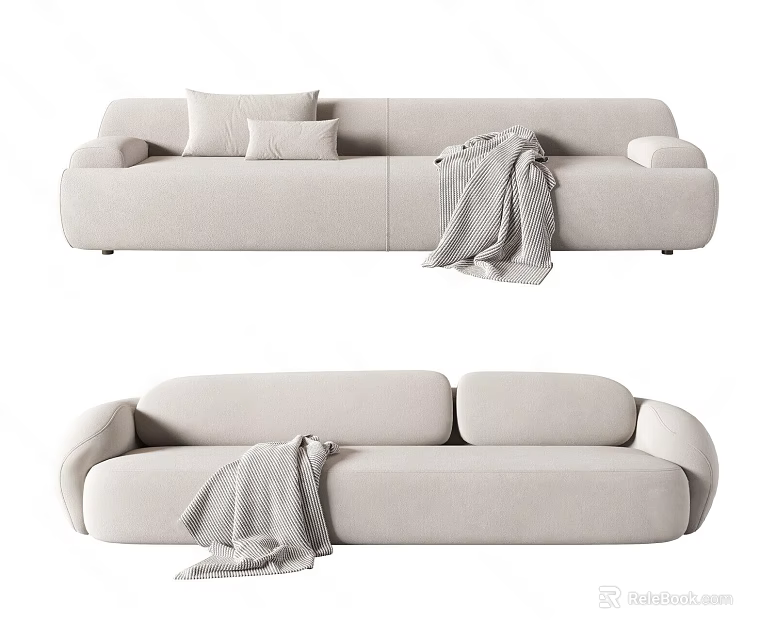 Cozy Modern Light Colored Sectional Sofa For Living Room With Pillows And Blanket 3d model 