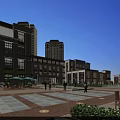 Modern Commercial Street With Pedestrian Square Fountains Shops And Evening Lighting