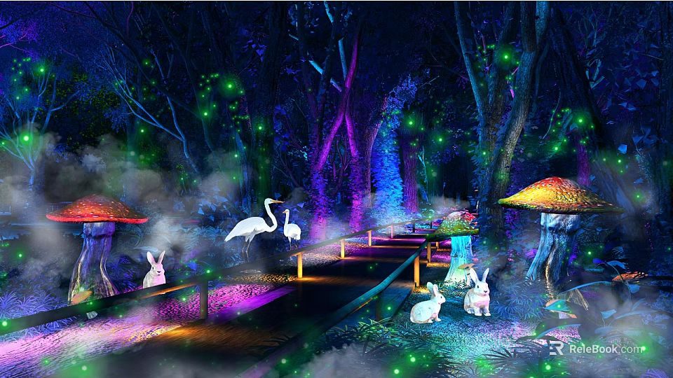 Enchanted Night Forest Scene With Glowing Trees Cranes Rabbits And Wooden Bridge 3d model 