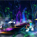 Enchanted Night Forest Scene With Glowing Trees Cranes Rabbits And Wooden Bridge
