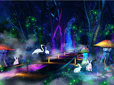 Enchanted Night Forest Scene With Glowing Trees Cranes Rabbits And Wooden Bridge 3d model