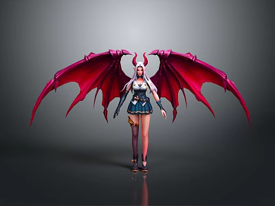 Fantasy Woman With Red Demon Wings Horns Long White Hair And Blue Combat Outfit 3d model