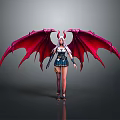 Fantasy Woman With Red Demon Wings Horns Long White Hair And Blue Combat Outfit
