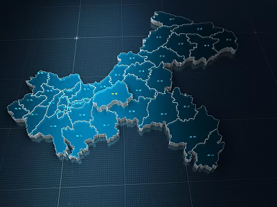 Detailed Blue 3D Map Illustrated with Regional Divisions and Grid Background 3d model