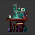 Enchanted Wizard Workbench With Wooden Table Stool Shelf Glowing Book Skull And Teal Smoke