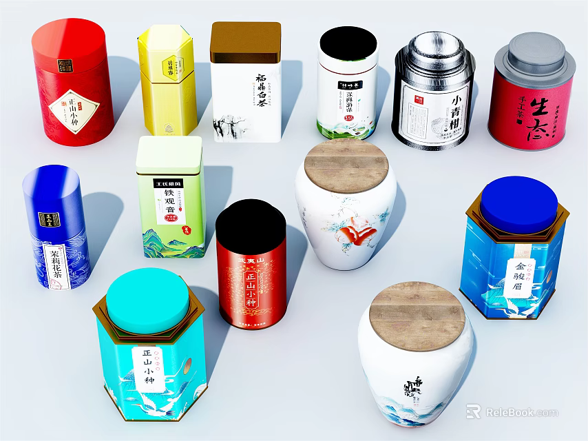 Decorative Ornament Set with Tea Jars Various Colors Different Shapes and Chinese Labels 3d model 
