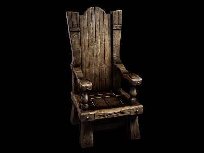 Rustic Wooden Single Chair With Carved Backrest And Armrest Design Details 3d model