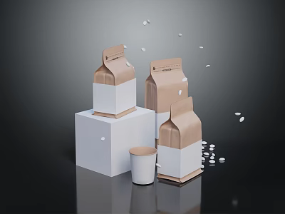 Household Coffee Supplies Display With Paper Bags Cups And Scattered Beans On White Cubes 3d model