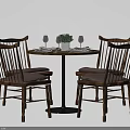 Rustic Wooden Round Dining Table With Four Slat Back Chairs And Vase Decor 3d model