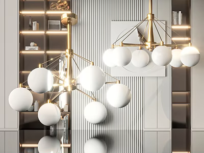 Modern Chandelier with Multiple White Spheres and Golden Frame in Elegant Modern Interior 3d model