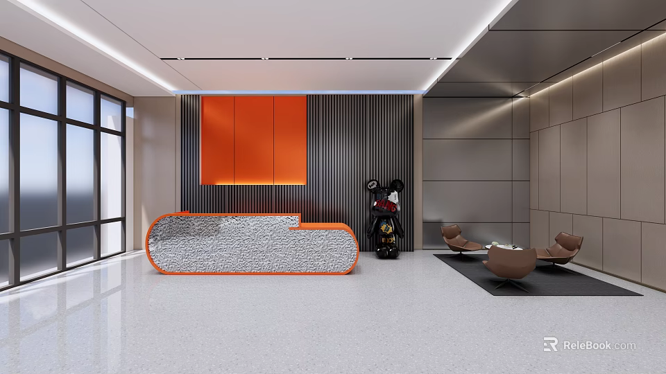 Contemporary Office Reception Desk With Orange Accent Wall Gray Slats And Decorative Sculpture 3d model 