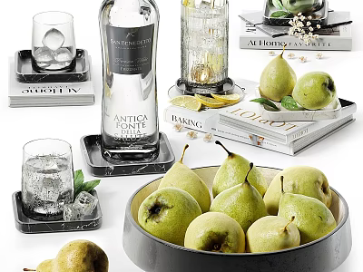 Fresh Green Pears In Bowl With Ice Glasses Lemon Slices And Books 3d model