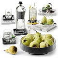 Fresh Green Pears In Bowl With Ice Glasses Lemon Slices And Books