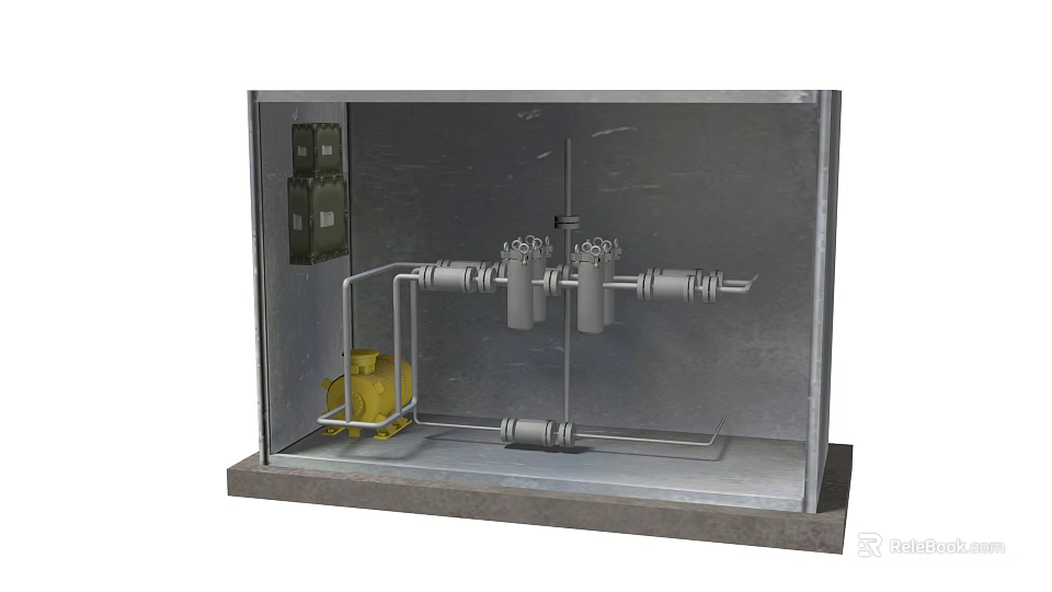 Integrated Industrial Equipment With Metal Cabinet Pipes Valves Control Panel And Yellow Device 3d model 