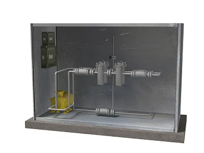 Integrated Industrial Equipment With Metal Cabinet Pipes Valves Control Panel And Yellow Device 3d model