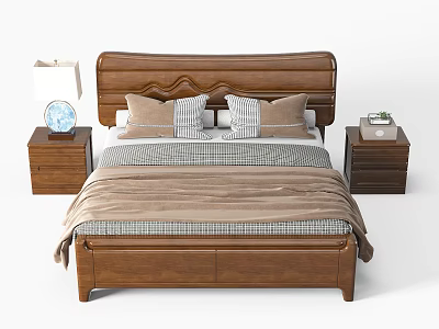 Wooden Double Bed With Curved Headboard Checkered Bedspread Pillows And Nightstands 3d model