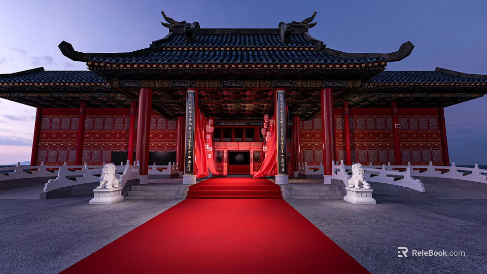 Ancient Chinese Architecture With Traditional Curved Roof Red Pillars Red Doors And Red Carpet 3d model 