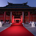 Ancient Chinese Architecture With Traditional Curved Roof Red Pillars Red Doors And Red Carpet