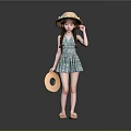 Little Girl In Blue Floral Dress With Straw Hat And Yellow Sandals