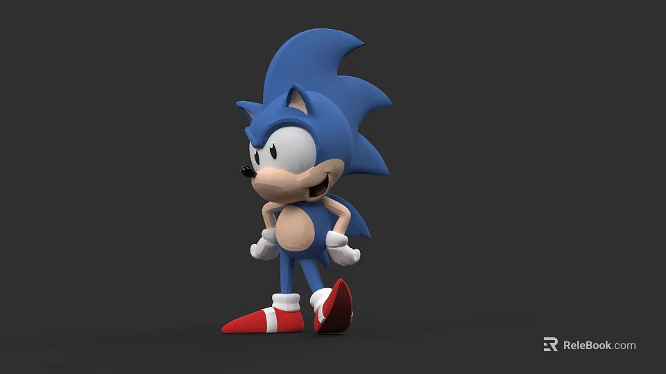 Blue Sonic 3D Model Character With Red Shoes And White Gloves On Dark Background 3d model 