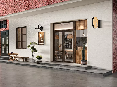 Charming Shop Facade with Red Brick Wall White Wooden Door Windows Potted Plants and Steps 3d model