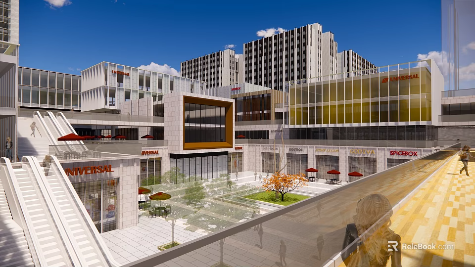 Vibrant Commercial Street Featuring Multi Story Buildings Glass Facades Plaza Greenery And Outdoor Seating 3d model 