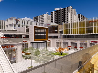 Vibrant Commercial Street Featuring Multi Story Buildings Glass Facades Plaza Greenery And Outdoor Seating 3d model