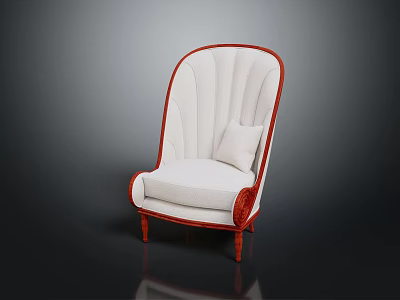 Elegant Curved Armchair Featuring White Cushion Red Trim And Red Legs Design 3d model