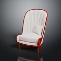 Elegant Curved Armchair Featuring White Cushion Red Trim And Red Legs Design