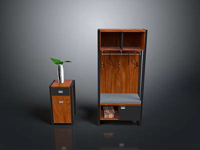 Minimalist Wooden Entryway Cabinet With Shoe Bench Hooks Vase And Green Plant 3d model