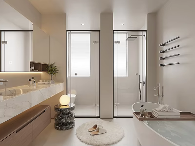 Modern Bathroom Interior With Marble Countertop Mirror Shower Venetian Blinds Bathtub And Towel Rack 3d model