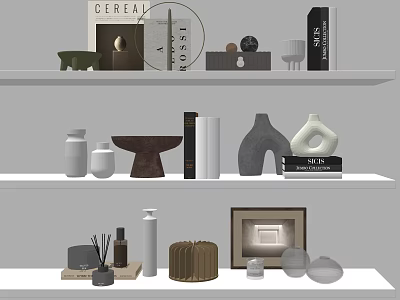 Decorative Ornaments Set on White Shelves with Books Vases Sculptures and Photo Frame 3d model