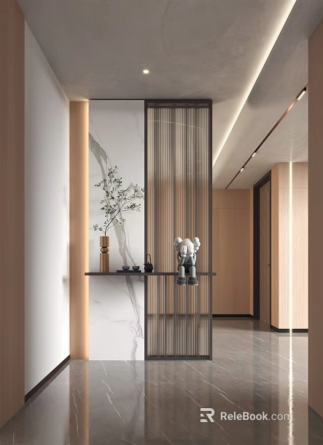 Modern Interior Design With Vertical Slat Partition And Decorative Console Table 3d model